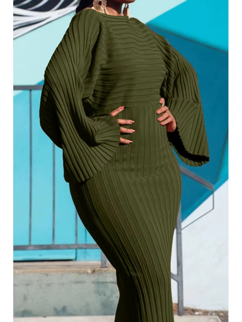 Women's Elegant Batwing Sleeve Knitted Rib Bodycon Dress with Round Neck - Casual Autumn Vintage Collection 2024