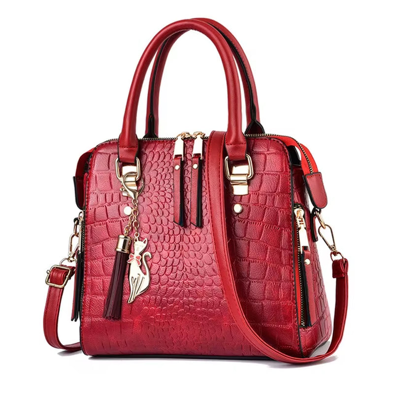Luxury Crocodile Pattern Handbag for Women - Winter Collection PU Leather Tassel Shoulder Bag with Designer Handle