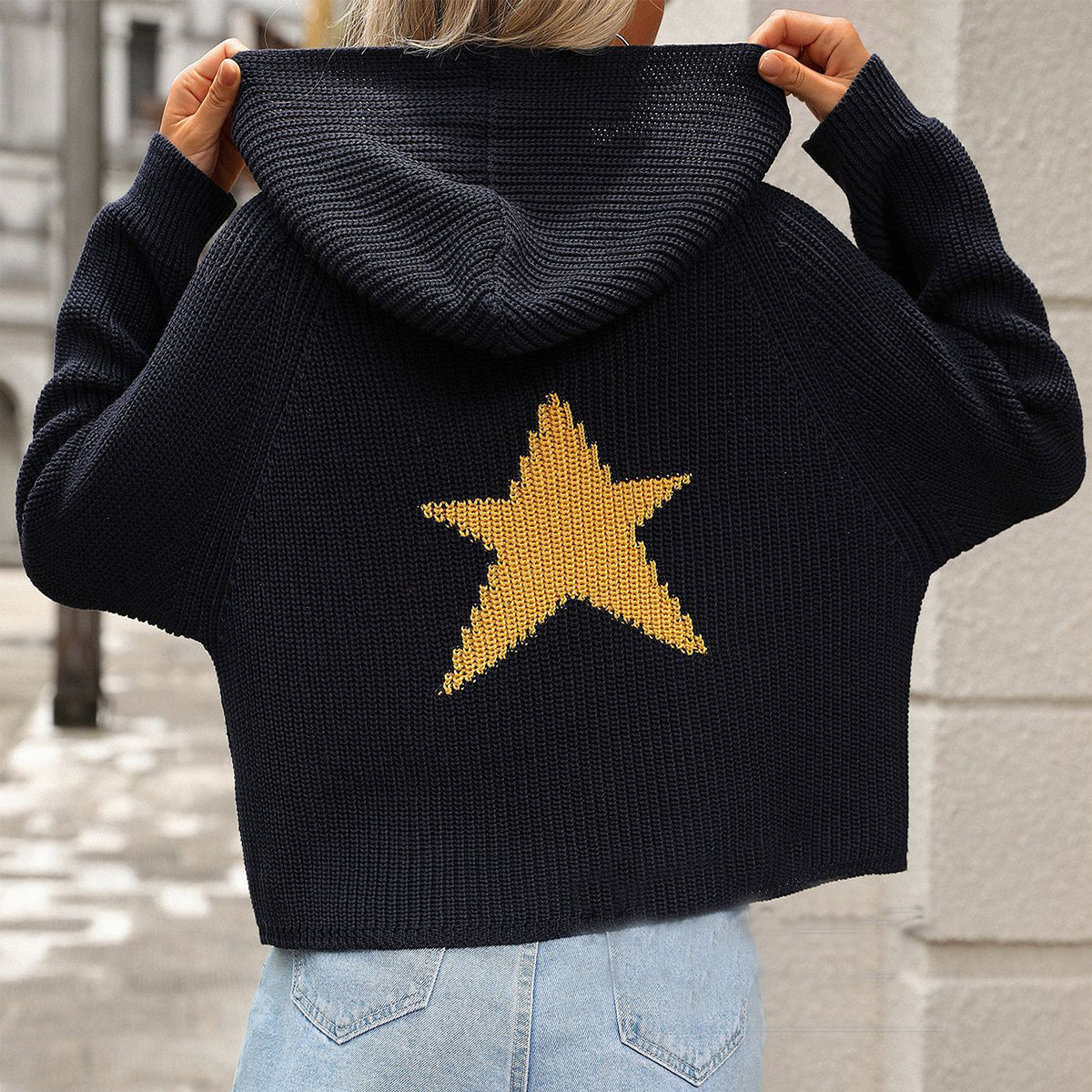 Women's Cropped Hooded Pullover Sweater with Pockets and Long Sleeves, Star Pattern Cardigan Outerwear
