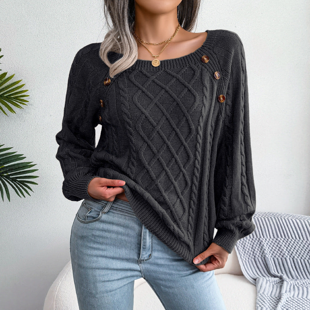 Square Neck Knitted Sweater with Button Detail - Women's Winter Long Sleeve Top