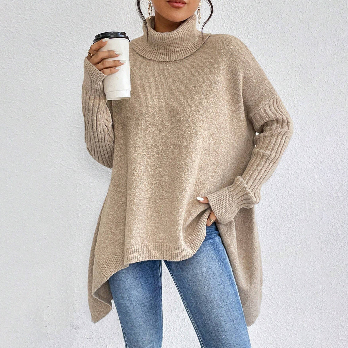 Irregular Turtleneck Loose-Fit Knitted Sweater for Women - Long Sleeve Winter Pullover