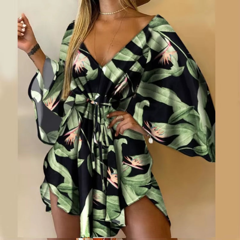 Bohemian Floral Print V-Neck Bat Sleeve Mini Dress for Women - Summer Vacation Sundress