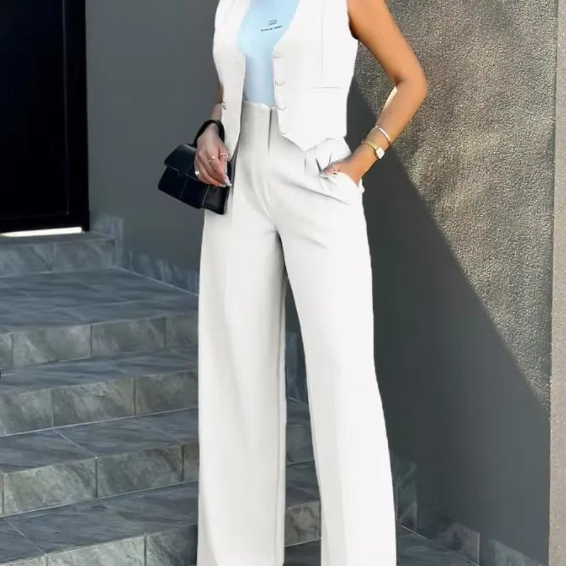 Stylish Women Commuting Vest Tops High Waist Wide Leg Pants 2024 Spring Autumn V Neck Sleeveless Button Regular Work Pants Set