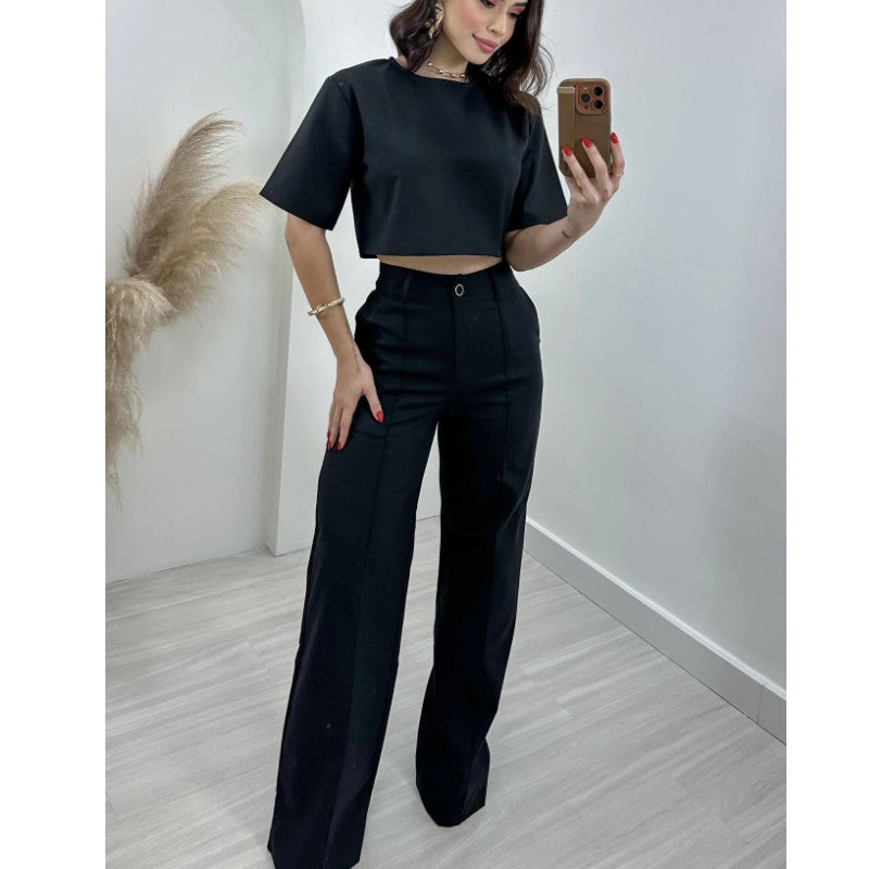 Fashion Cotton and Linen Short Top High Waist Wide Leg Pants Suit